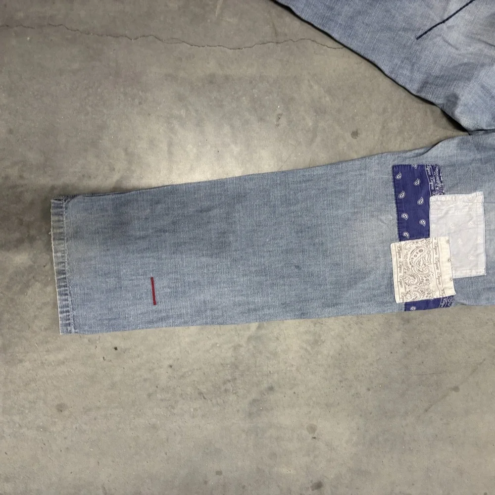 A.Tiziano Mens Patchwork Bandana Denim Jeans Blue Size 34